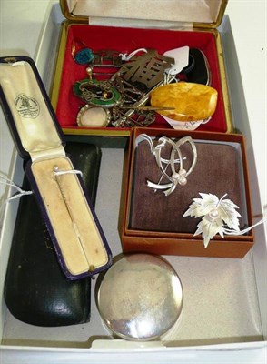 Lot 171 - Assorted buckles, a ring (a.f.), a silver box, Mikimoto pearl set brooches, a pearl pin etc