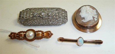 Lot 177 - A cameo brooch, two bar brooches, a paste and marcasite Art Deco plaque brooch