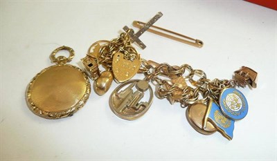 Lot 190 - Link bracelet with some 9ct gold charms, locket and bar brooch