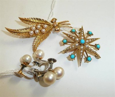 Lot 191 - A seed pearl and turquoise star brooch, a fern spray brooch and two pairs of cultured pearl...