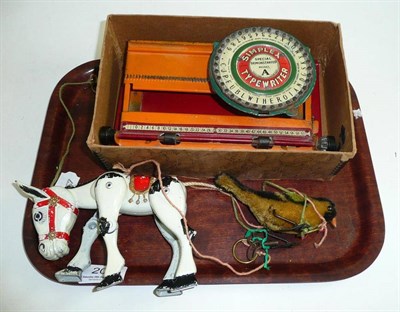 Lot 202 - Simplex tinplate typewriter, clockwork bird and Muffin the Mule puppet (3)