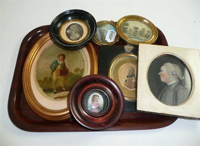 Lot 212 - Two 19th century portrait miniatures, three others and two landscapes (tray)