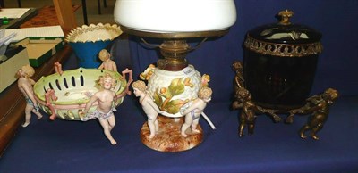 Lot 217 - Continental lamp base, Dresden bowl, and a brass mounted biscuit barrel with ruby flash barrel