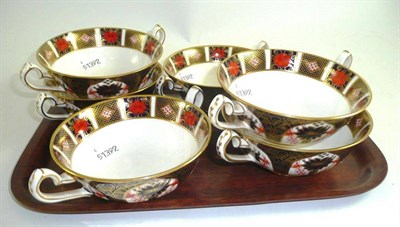 Lot 235 - Six Royal Crown Derby 1128 Imari two handled soup cups