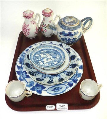 Lot 242 - A collection of Chinese porcelain including an 18th century dish, a tea pot with strap work handle