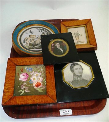 Lot 248 - A porcelain plaque painted with flowers, a portrait miniature of a man, a print of Prince...