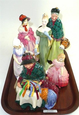 Lot 256 - Royal Doulton figures 'Silks and Ribbons' HN2017, 'The Orange Lady' HN1953 (a.f.), 'A Victorian...