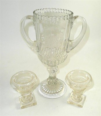 Lot 261 - A Victorian twin handled celery vase and a pair of Georgian Irish cut glass salts with...