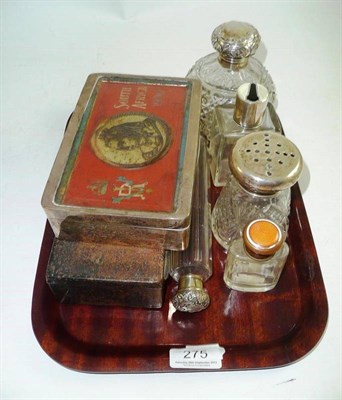 Lot 275 - A silver topped scent bottle, two cigarette boxes, enamel topped jars etc