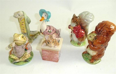 Lot 276 - Six Beatrix Potter figures; Beswick Sir Isaac Newton, Timmy Tiptoes, Tom Thumb, Squirrel Nutkin...