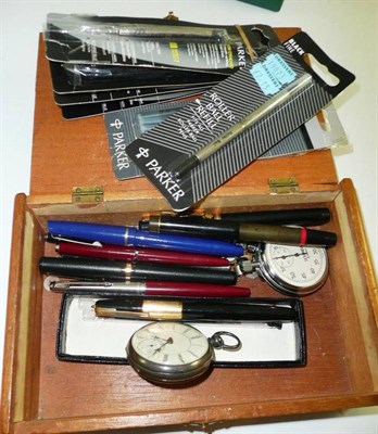 Lot 278 - A collection of assorted fountain pens, pocket watch, stop watch etc