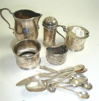 Lot 332 - Silver including mustard pot, pepperette, sparrow beak jug, coffee spoons etc