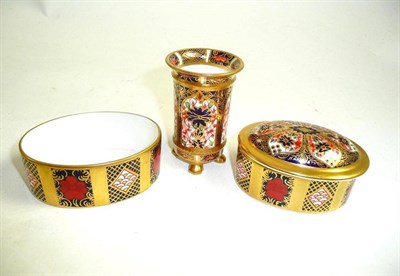 Lot 335 - Royal Crown Derby miniature vase, oval dish and oval box and cover (3)