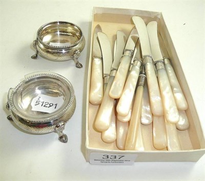 Lot 337 - Pair of silver cauldron salts and mother of pearl cutlery