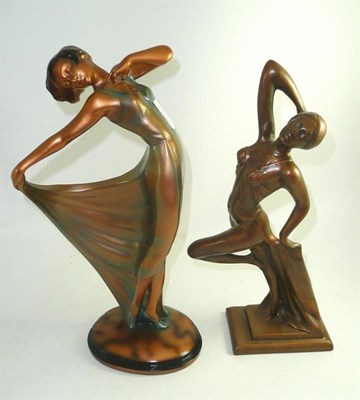 Lot 362 - An Art Deco cold painted plaster figure of a girl and a pottery example (2)