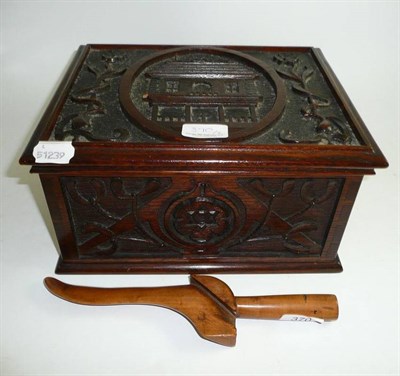 Lot 370 - A 19th century knitting sheath and a carved oak sewing box decorated with a house and a Star of...