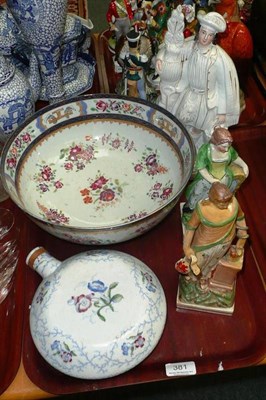 Lot 381 - A Samson punch bowl, pearlware figure, two Staffordshire figures and a flask