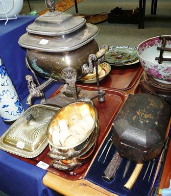 Lot 395 - Carving set, tea caddy, silver plate including hot water pot with stand, two dishes with liners and