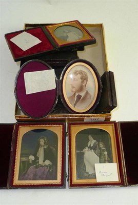 Lot 397 - One portrait miniature two daguerreotypes and six ambrotypes in leather frames