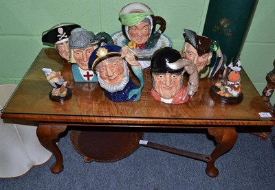 Lot 413 - Six Royal Doulton character jugs, two bird groups, Mason's Ironstone lamp base and shade, AGA...