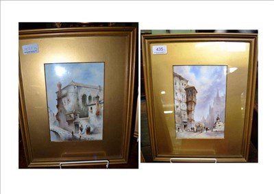 Lot 435 - A pair of rectangular porcelain plaques of Continental street scenes, each signed F...