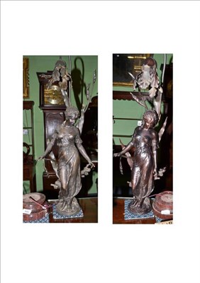 Lot 445 - A large pair of French spelter female figural lamps with patinated finish