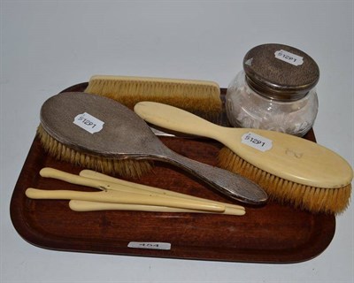 Lot 454 - Three piece silver dressing table set and ivory dressing table pieces