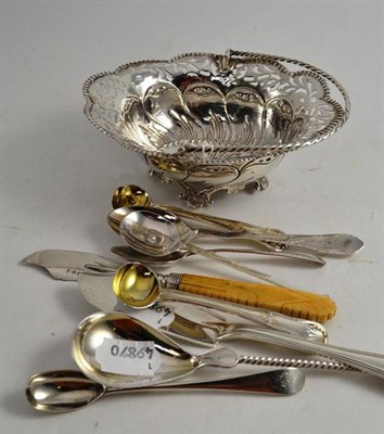 Lot 462 - A pierced silver bonbon dish with swing handle, Birmingham, probably 1895, two silver mustard...