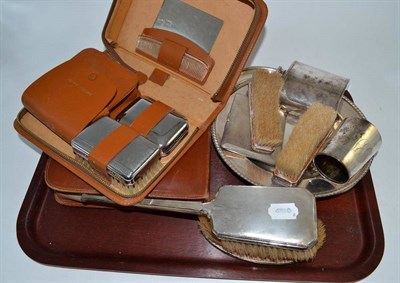 Lot 475 - A silver cigarette case, a Christening mug, four silver backed brushes, plated items etc