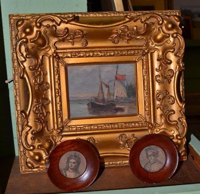 Lot 501 - A small oil on board of an estuary scene in heavy gilt frame and two small Georgian prints