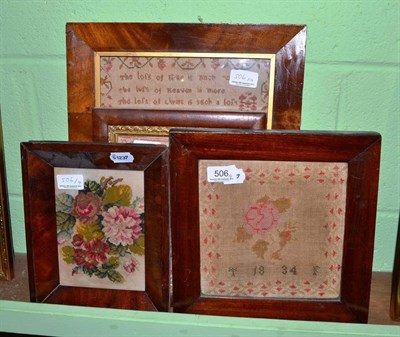 Lot 506 - An early 19th century sampler by Mahala Foster, 1829, an alphabet sampler and two floral needlework