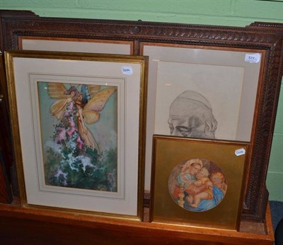 Lot 511 - After Raphael, a watercolour of the Madonna and Child, a watercolour of two fairies signed and...