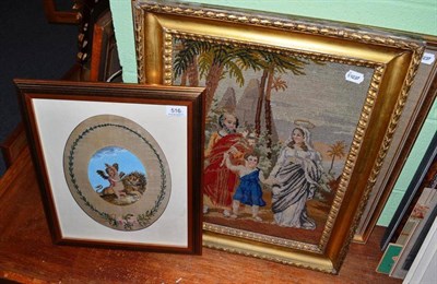 Lot 516 - A painted silk panel of a cherub and lion, needlework picture of a flower garland and a...