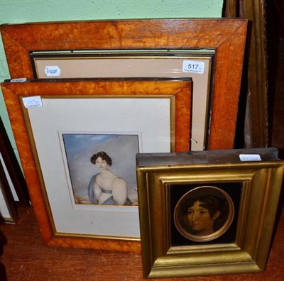 Lot 517 - An early 19th century watercolour portraits of a young lady with ringlets, in a birdseye maple...