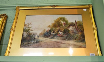 Lot 533 - J Hughes, Clayton, watercolour of cottages, figures and ducks