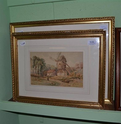 Lot 539 - Three late 19th/early 20th century watercolours, depicting a windmill and riverscapes