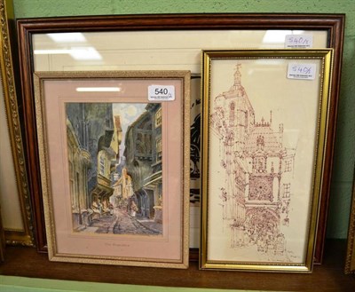 Lot 540 - D J Bevan, black and white drawing 'Hay Collecting', John Lund 'The Shambles' and an ink drawing of