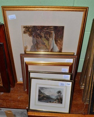 Lot 553 - A decorative watercolour of a landscape, four others and two prints