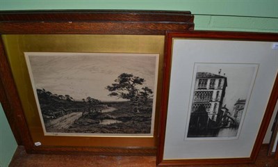 Lot 555 - Two prints/etchings of castles by ? Howard, and two others