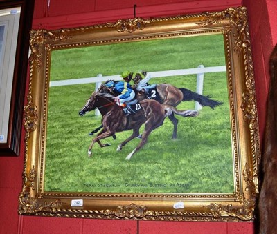 Lot 742 - Roy Harmer oil 'The Race of the century Grundy and Bustino at Ascot'