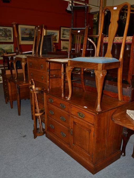Lot 770 - Side cabinet, three chairs, a six height chest of drawers, a stickstand an two sticks, an oak table