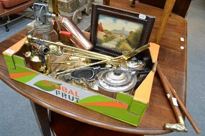 Lot 774 - Brass fire irons, reproduction mahogany table, plated tea set, butter churn etc