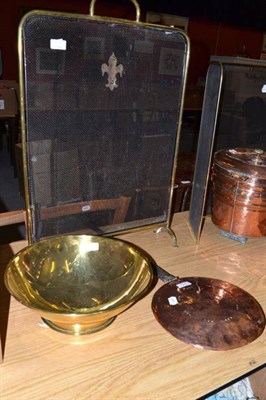 Lot 784 - A brass footed bowl, a copper warming pan, a spark guard and two mirrors