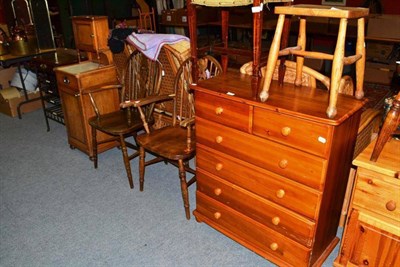 Lot 788 - A Victorian music stand, two wheel back Windsor chairs, a pine chest of drawers, two stools, a pine