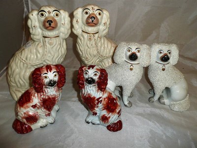Lot 2 - Three graduated pairs of Staffordshire pottery Spaniels