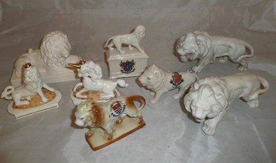 Lot 11 - A pair of English porcelain lion and unicorn figures circa 1830 and six other lion figures (8)