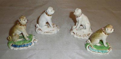 Lot 18 - Two English porcelain polychrome seated Pugs and two white and gilt examples (4)