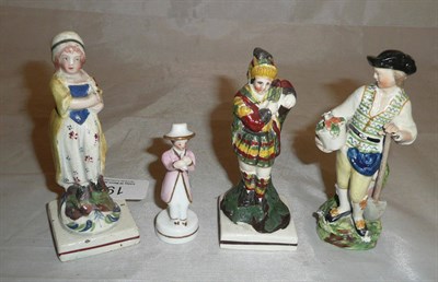 Lot 19 - Three Pearlware figures circa 1800 - young girl, gardener and Scotsman; and a small porcelain...