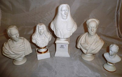 Lot 23 - A group of five Parian and Biscuit porcelain busts of Philosophers, Judges etc