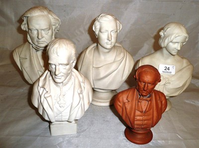 Lot 24 - A group of five Parian busts including Sir Robert Peel, Jenny Lind (A.F), Wellington, Gladstone and